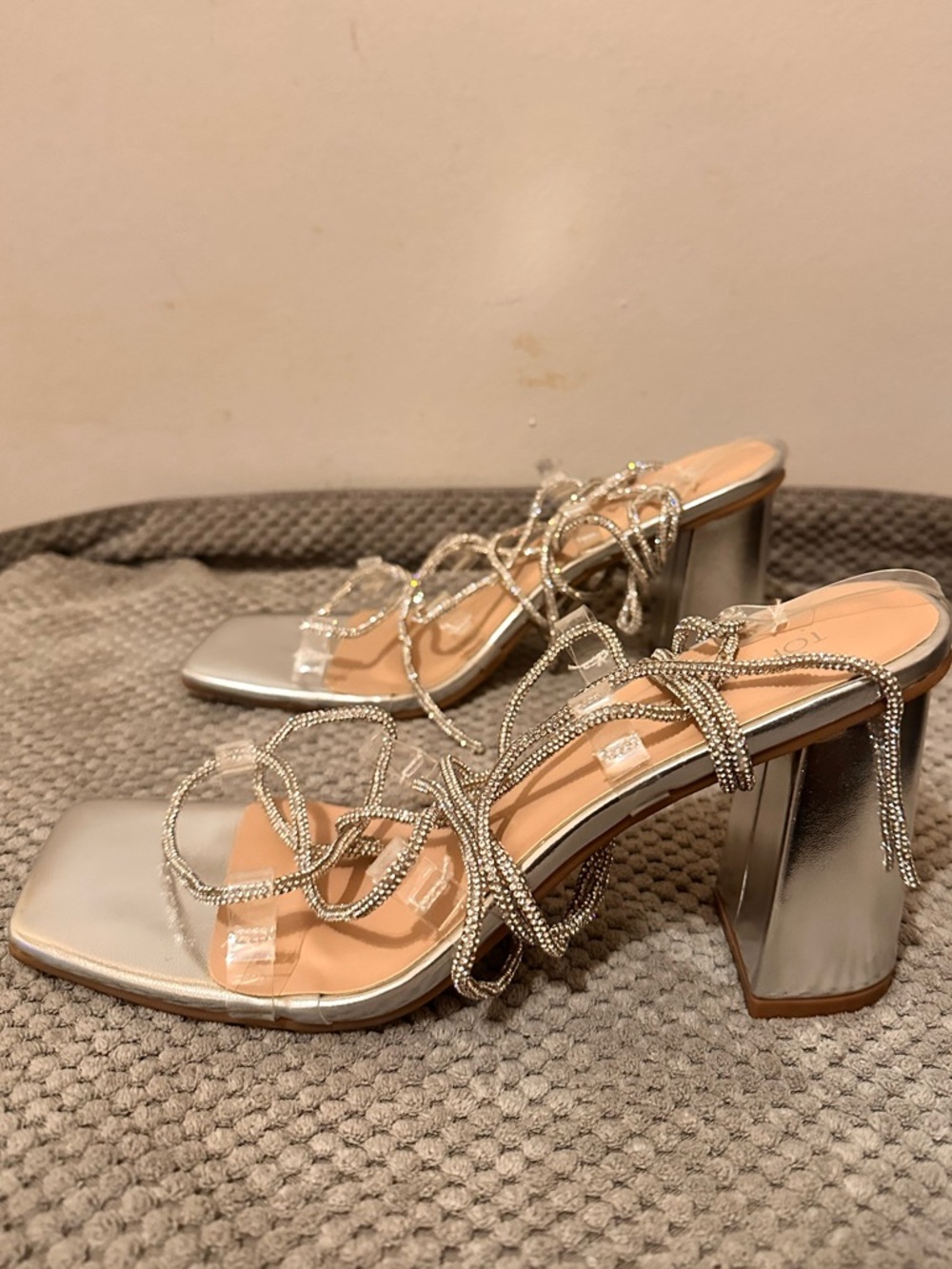 TOP Moda Silver Rhinestone Strappy Block Heels - Picture 6 of 9